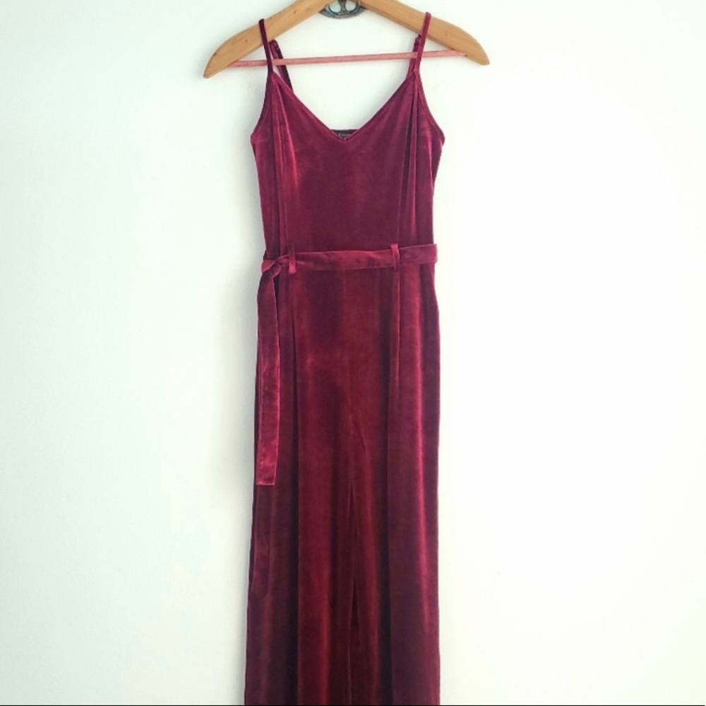 Burgundy velvet palazzo jumpsuit size Small
